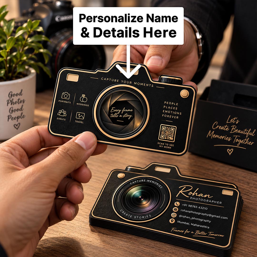 Custom Camera Business Card | Personalized Photographer Visiting Card | Black Acrylic