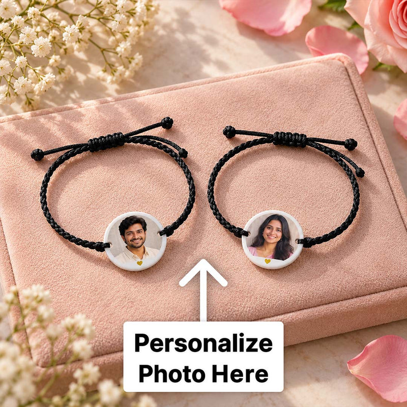 Custom Couple Photo Bracelet Set of 2 with Adjustable Black Thread | Love Craft Gifts™