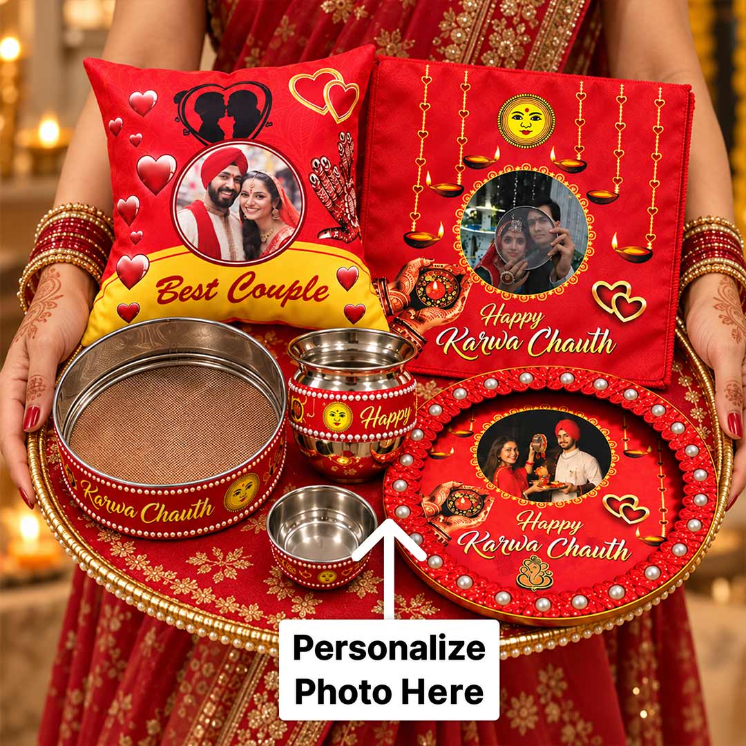 Custom Couple Photo Karwa Chauth Thali & Cushion Combo | Love Craft Gifts™