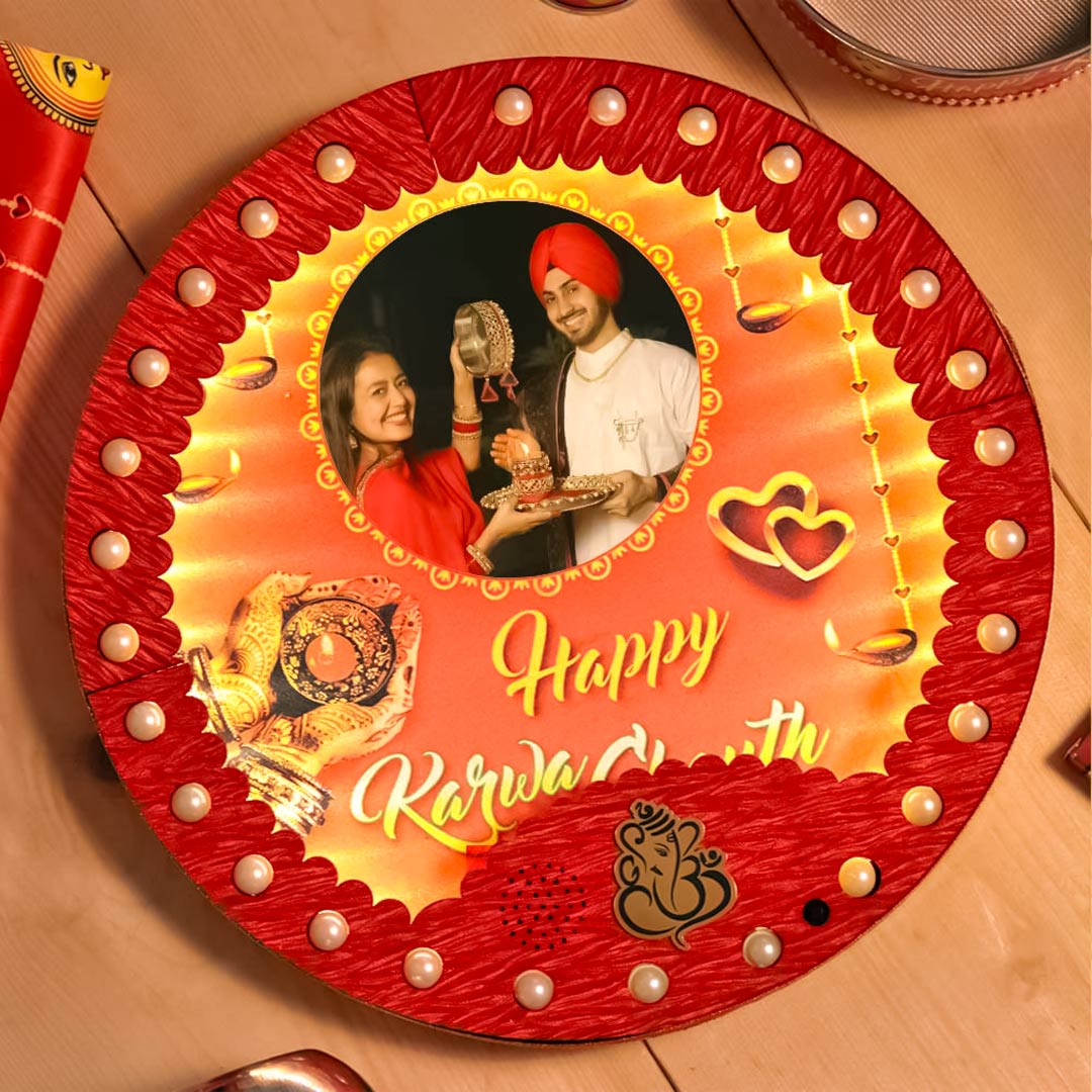 Personalized Karwa Chauth Pooja Set with Music & Light Thali | Love Craft Gifts