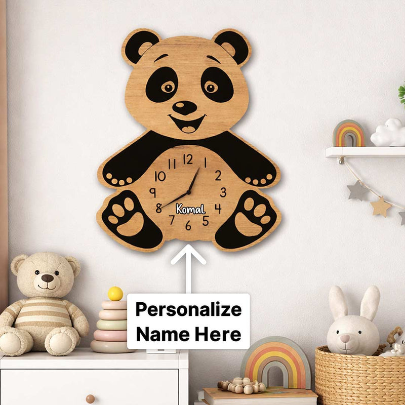 Custom Kids Name Wall Clock 8×10" | Cartoon Panda Nursery Gift | Love Craft Gifts™