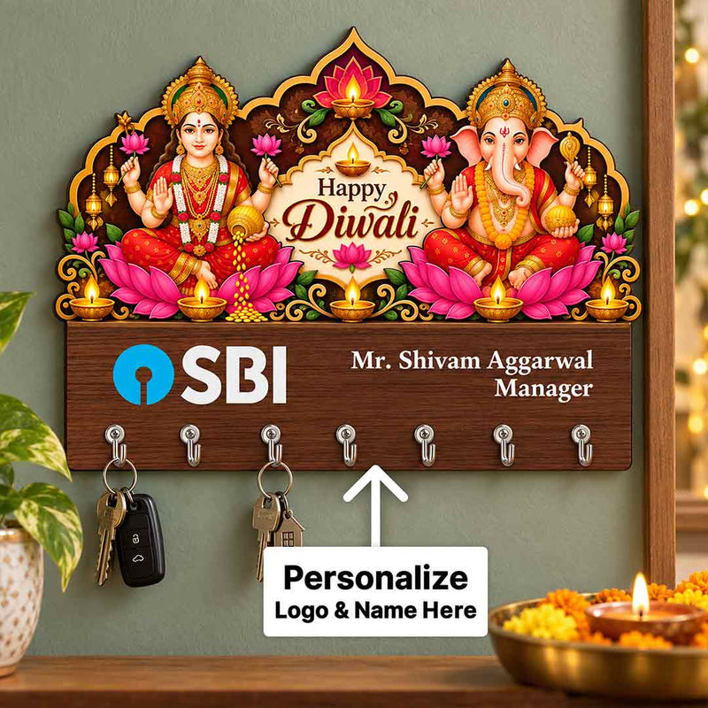 Custom Logo Name Happy Diwali Key Holder with Lakshmi Ganesha Artwork | Love Craft Gifts™