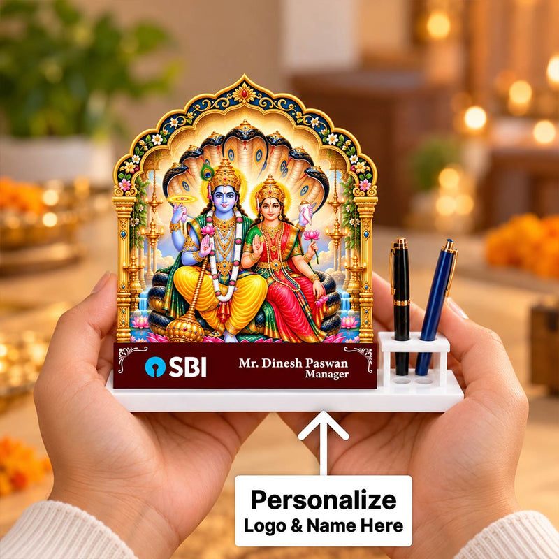 Custom Lord Vishnu & Goddess Lakshmi Office Nameplate with Pen Holder | Love Craft Gifts™