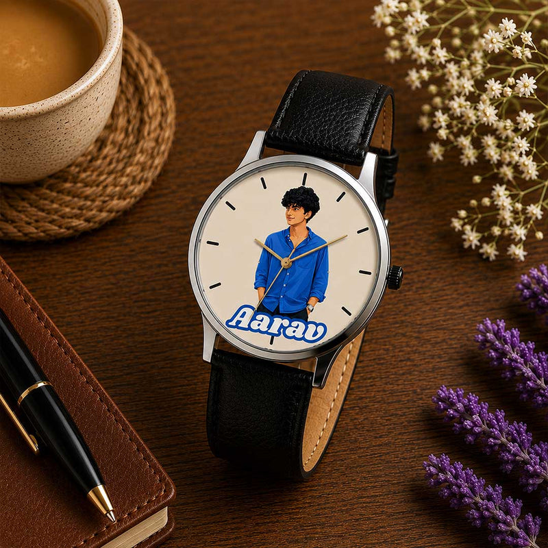 Custom Photo & Name Analog Leather Watch for Men | Personalized Wrist Watch Gift | Love Craft Gifts™