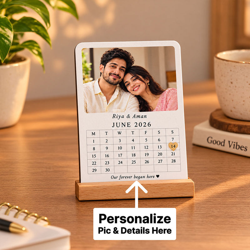 Custom Photo Special Date Calendar Stand with Names & Heart Marker | Love Craft Gifts™