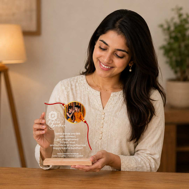 Custom Rakhi Photo LED Lamp | Personalized Brother Sister Acrylic Table Stand Gift | Love Craft Gifts™