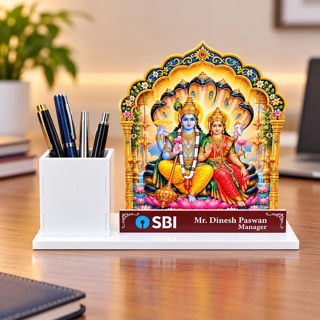Custom Vishnu Lakshmi Desk Nameplate with Pen Holder | Personalized Employee Diwali Gift | Love Craft Gifts™