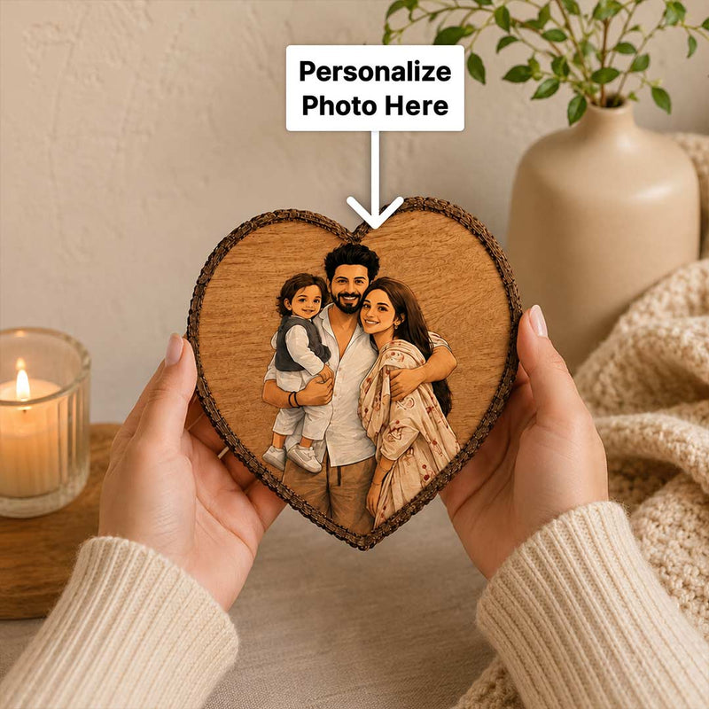 Custom Wooden Heart Slice Portrait Art | Personalized Family Memory Gift | 7×7 Inch | Love Craft Gifts™