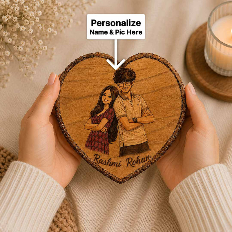 Custom Wooden Heart Slice with Brother & Sister Portrait | Personalized Rakhi Gift | Love Craft Gifts™