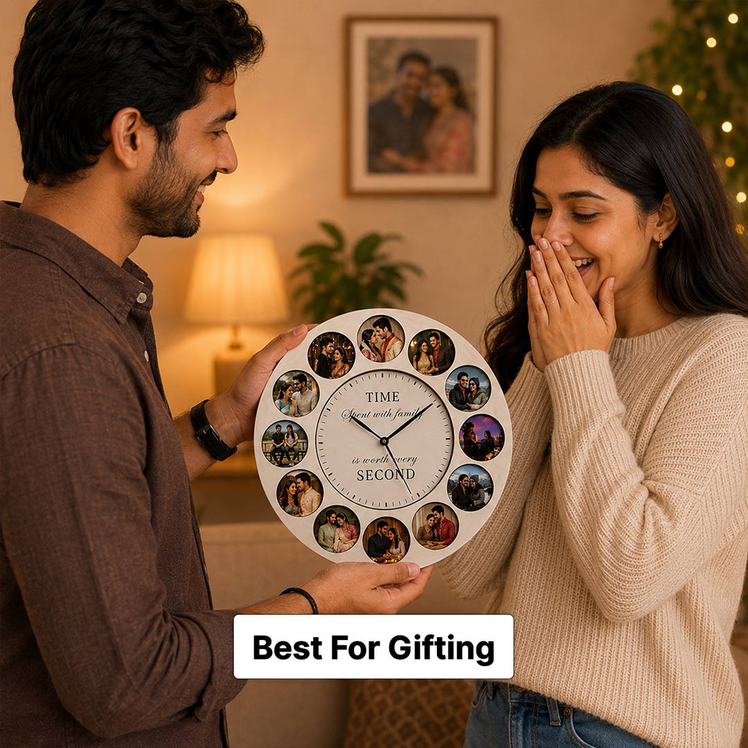 Custom Wooden Photo Collage Wall Clock | Personalized Couple Gift | Love Craft Gifts™