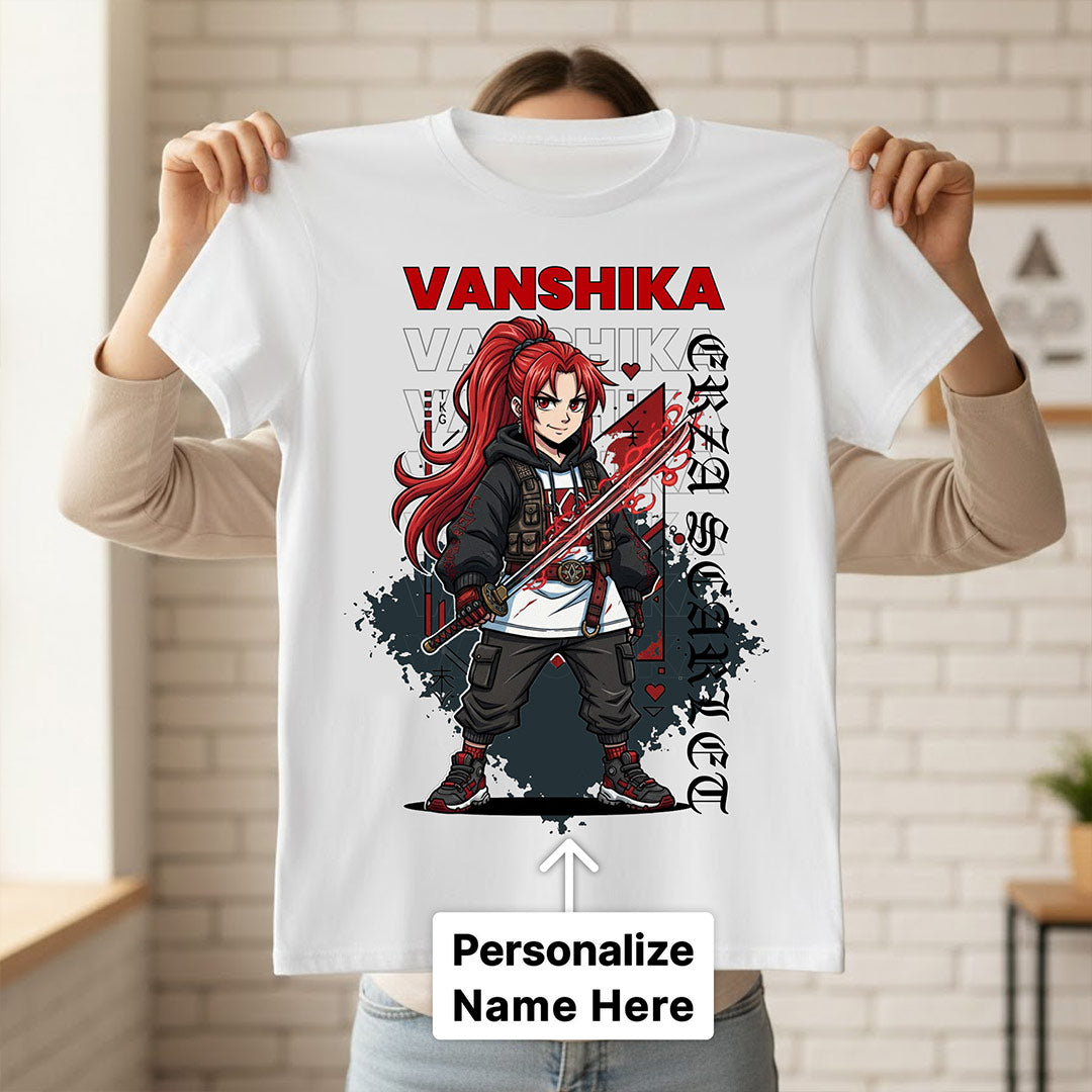 Personalized Red Samurai Anime Name T-Shirt for Women – Custom Printed White Tee | Love Craft Gifts