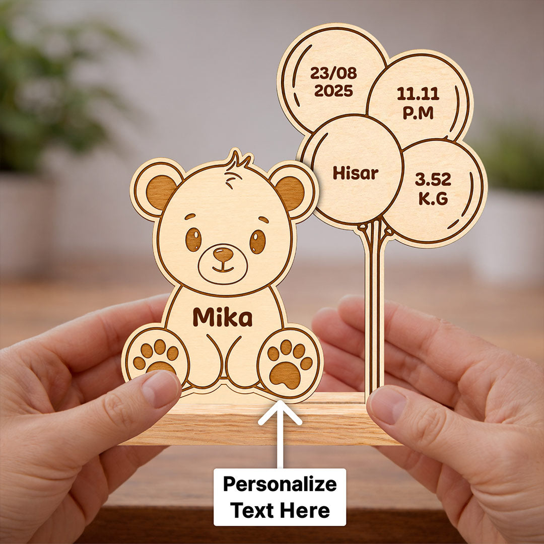 Personalized Wooden Teddy Bear Baby Birth Details Plaque | Custom Newborn Keepsake Gift for Baby Boy, Baby Girl & Parents - 7x7.5" | Love Craft Gifts™