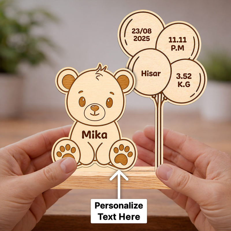 Personalized Wooden Teddy Bear Baby Birth Details Plaque | Custom Newborn Keepsake Gift for Baby Boy, Baby Girl & Parents - 7x7.5" | Love Craft Gifts™