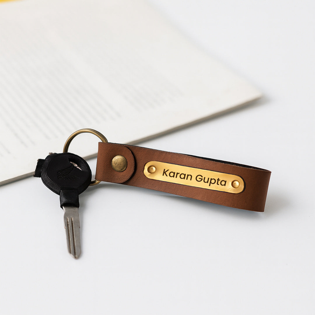 Personalized Brown Leather Keychain with Golden Name Plate | Love Craft Gifts