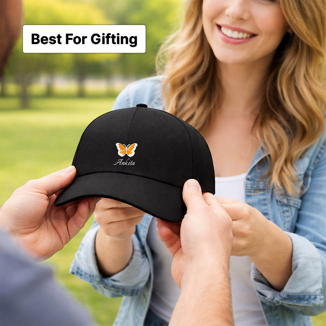 Personalized Butterfly Printed Black Cap – Custom Name Adjustable Baseball Hat for Women & Girls | Love Craft Gifts