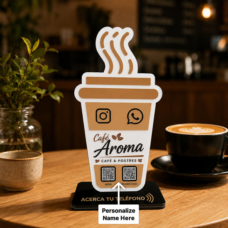 Personalized Coffee Cup QR Code Table Stand with Custom Logo & Social Media Display | Premium Café Branding Gift for Coffee Shops & Small Businesses - 7x4" | Love Craft Gifts™