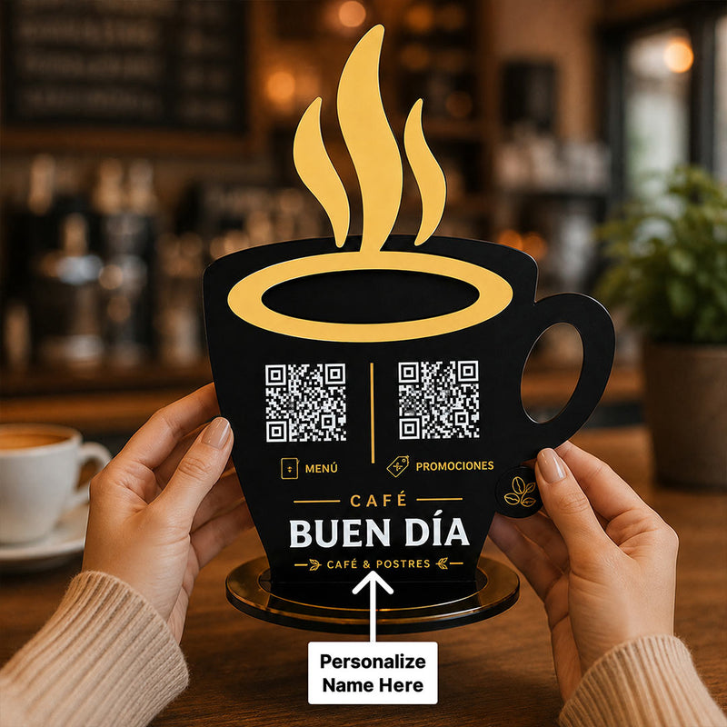 Personalized Coffee Mug QR Code Table Stand with Custom Logo & Café Branding Display | Premium Business Gift for Coffee Shops & Cafés - 8x5" | Love Craft Gifts™