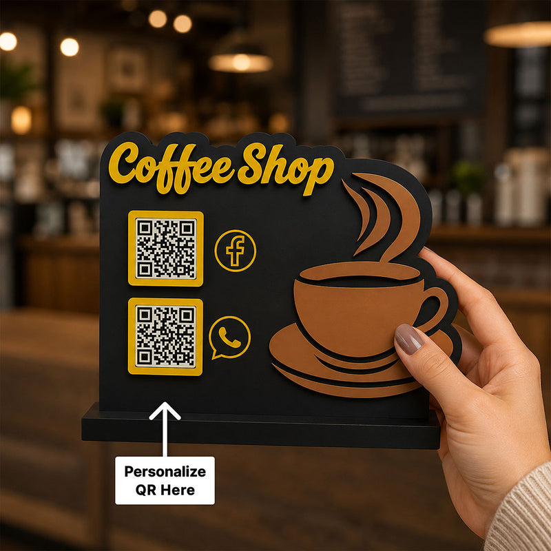 Personalized Coffee Shop QR Code Table Stand with Social Media Display | Custom Cafe Menu Scan Stand for WhatsApp & Facebook | Premium Business Counter Decor | Love Craft Gifts™