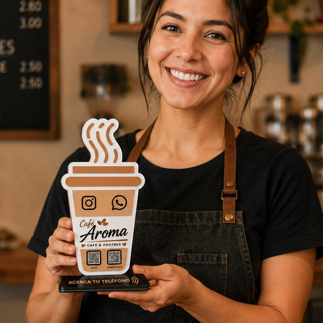 Personalized Coffee Cup QR Code Table Stand with Custom Logo & Social Media Display | Premium Café Branding Gift for Coffee Shops & Small Businesses - 7x4" | Love Craft Gifts™