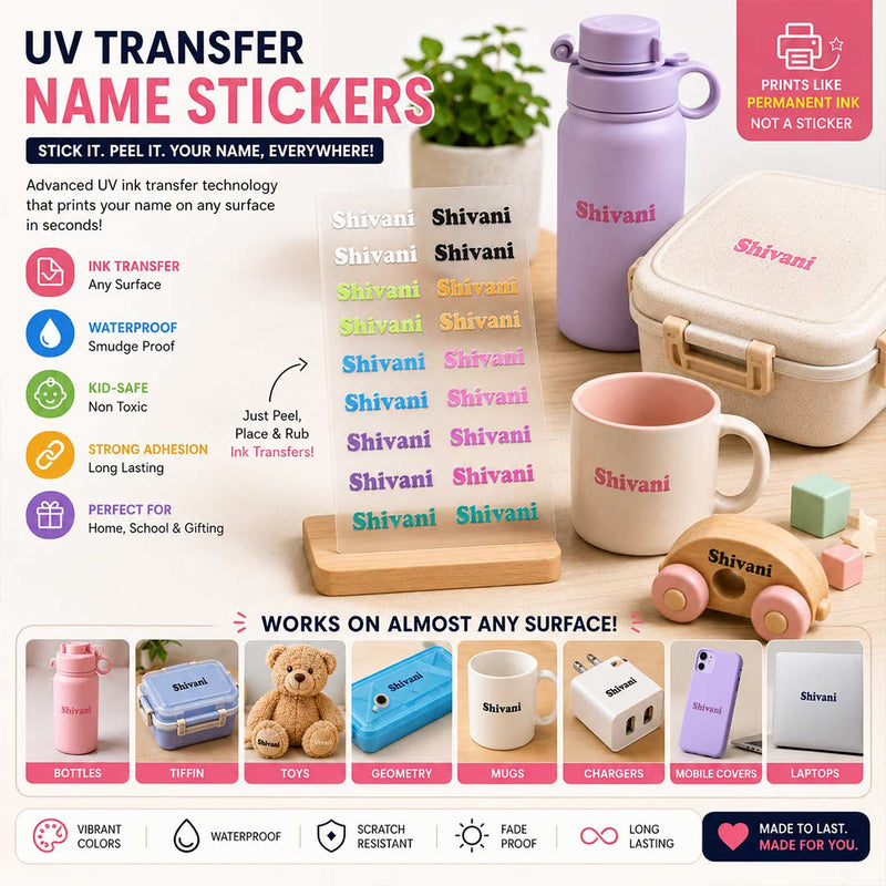 Personalized UV Ink Transfer Name Stickers Pack of 30 | Custom Color Name Labels for Bottles, Tiffins & School Accessories | Love Craft Gifts™