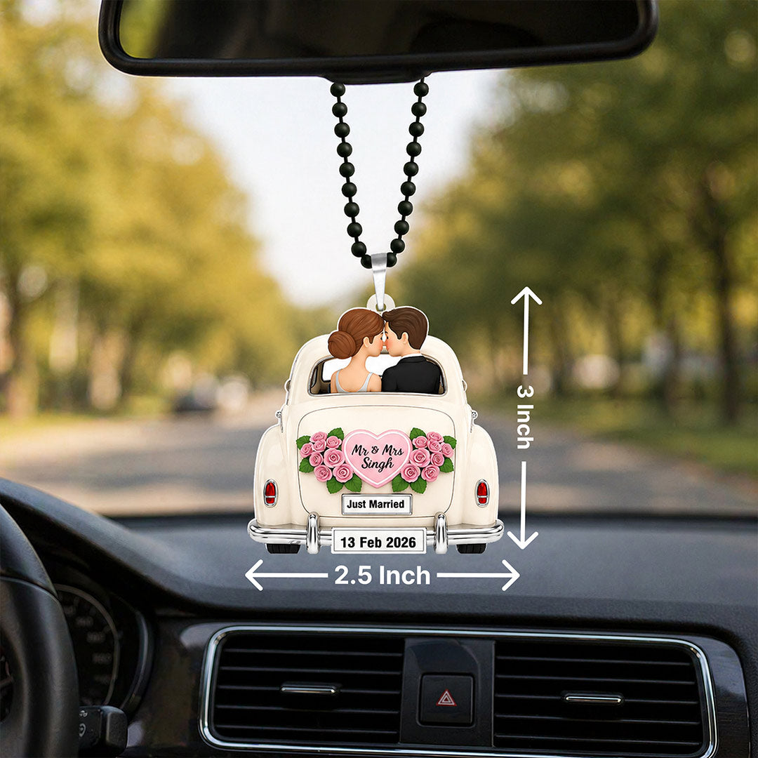 Personalized Just Married Car Hanging with Name & Date 2.5x3" for Couples | Romantic Wedding Car Mirror Accessory | Love Craft Gifts™