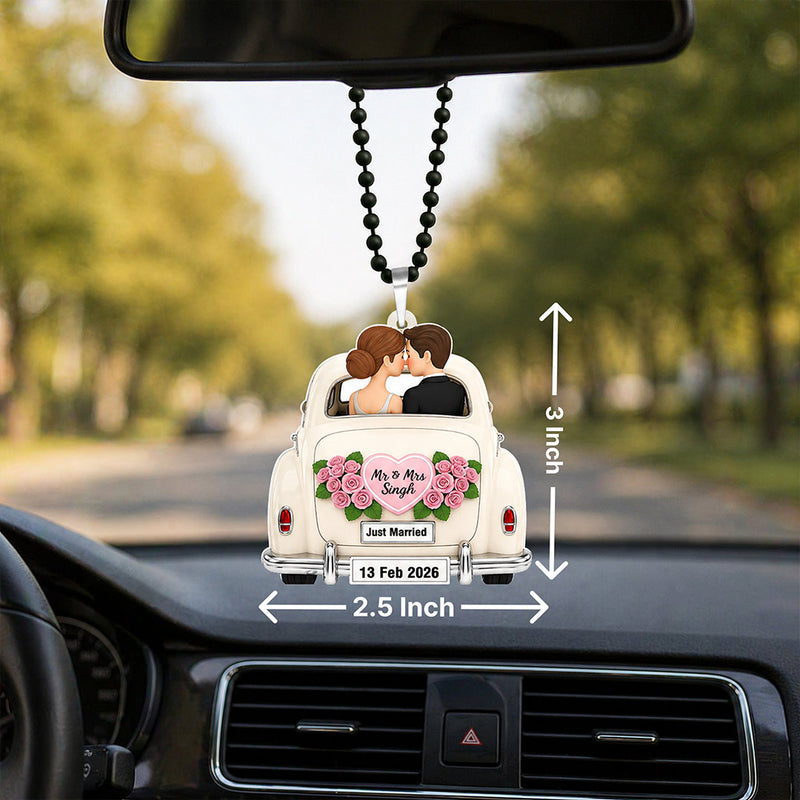 Personalized Just Married Car Hanging with Name & Date 2.5x3" for Couples | Romantic Wedding Car Mirror Accessory | Love Craft Gifts™
