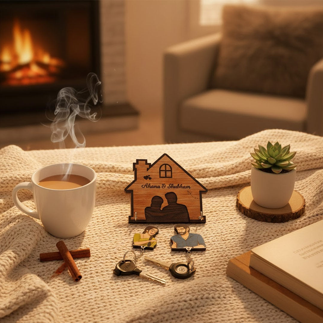 Personalized Wooden Couple Key Holder – 6x6” | Custom Names & Cartoon Art | Love Craft Gifts