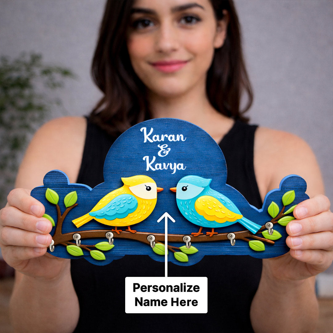 Personalized Birds Wooden Key Holder Wall Hanger with Names – Custom 3D Decorative Key Rack (10 x 6 Inch) | Love Craft Gifts
