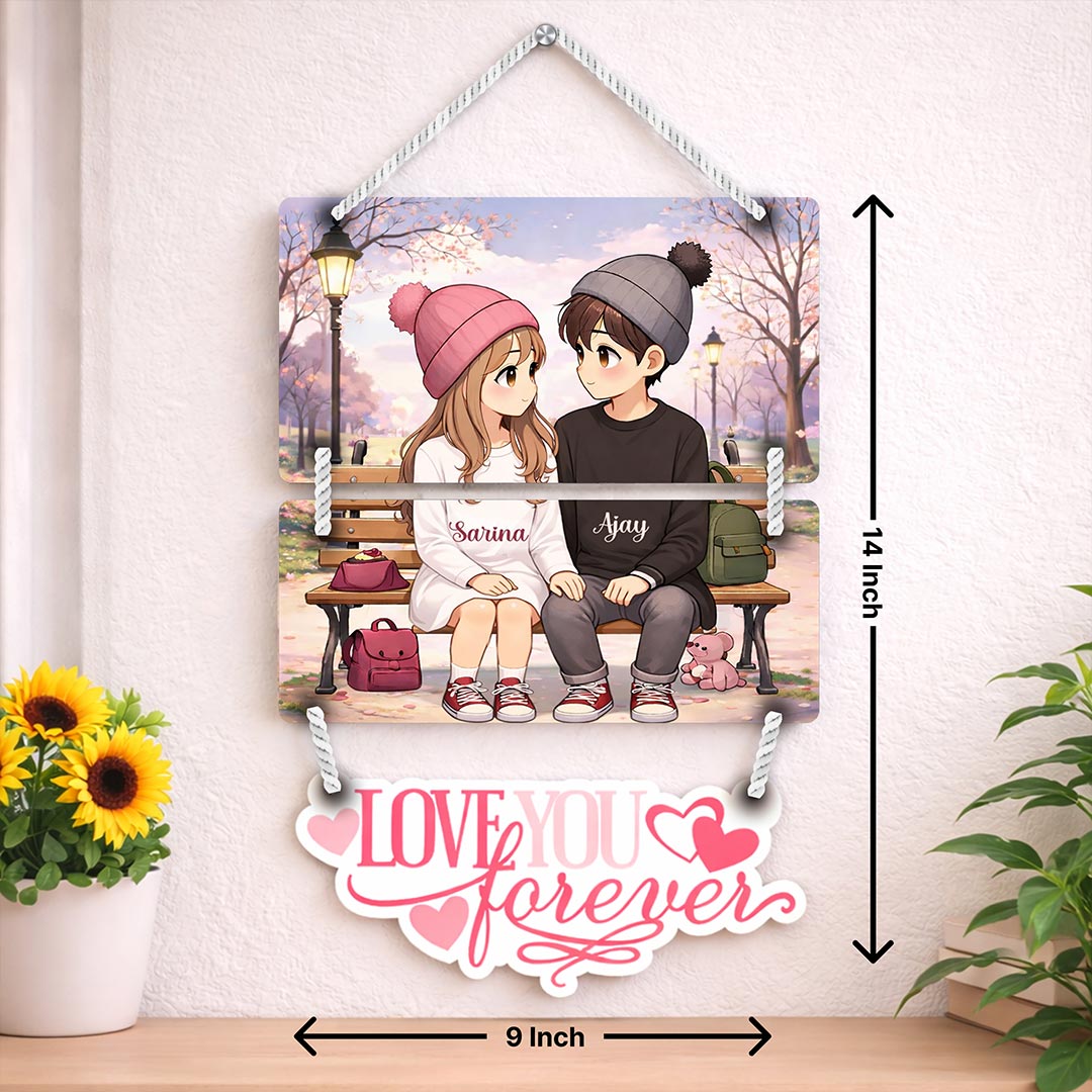 Personalized Anime Couple Love Forever Wall Hanging (9x14 Inch) – Custom Name Wooden Decor | Love Craft Gifts