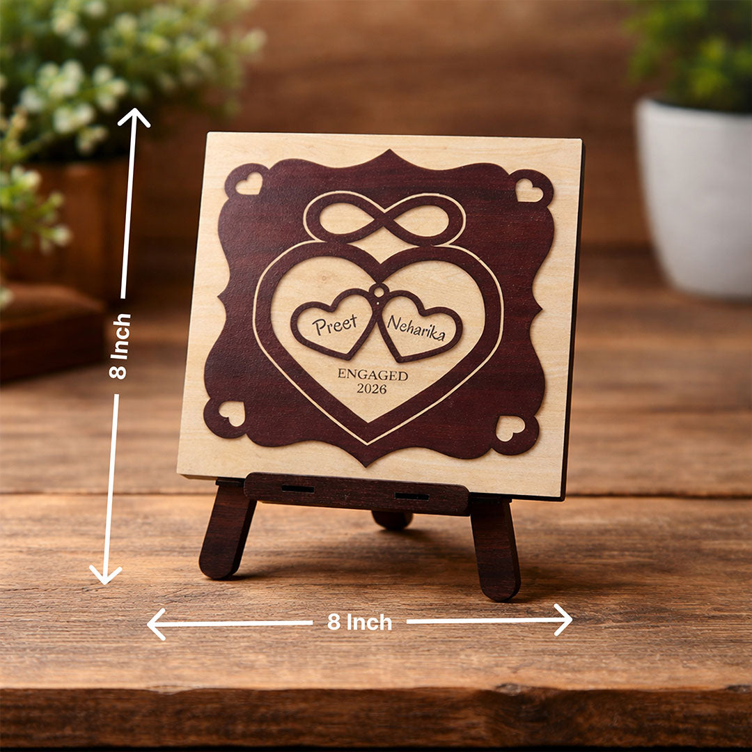 Personalized Wooden Engagement Name Plaque – Custom Couple Name & Date Table Top Frame (8×8 Inch) | Love Craft Gifts