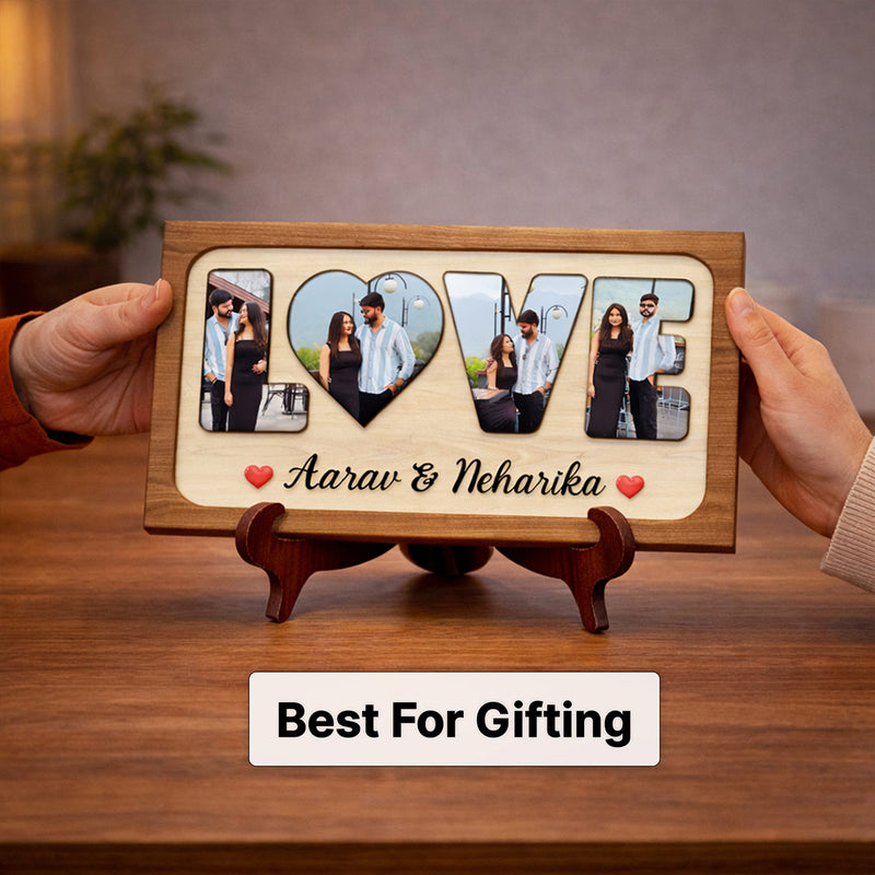 Personalized LOVE Photo Frame with Name – Custom Couple Wooden Tabletop Frame (8 x 5 Inch) | Love Craft Gifts