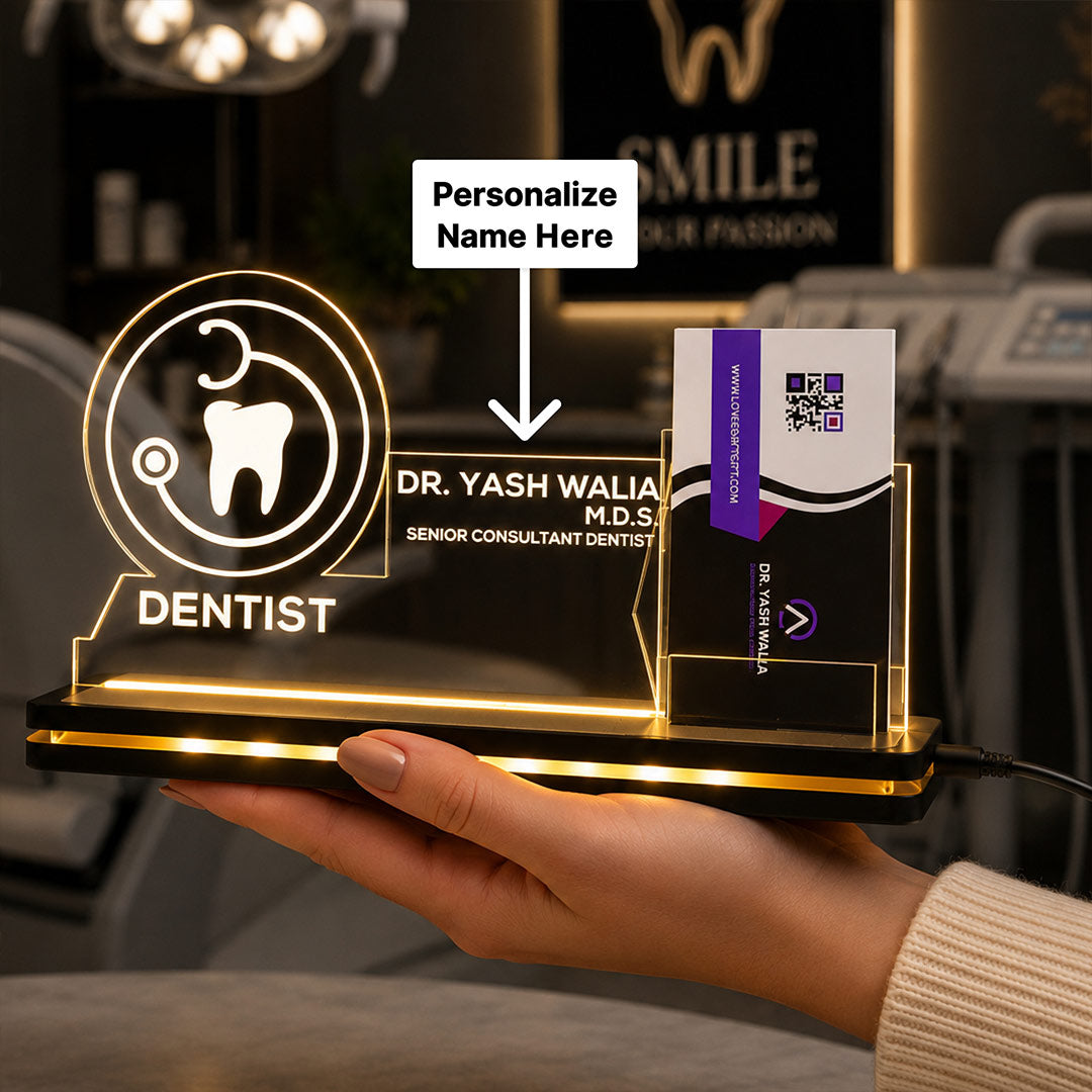 Personalized Dentist LED Visiting Card Holder with Custom Name | Professional Dental Desk Décor Gift for Dentists - 8x6" | Love Craft Gifts™