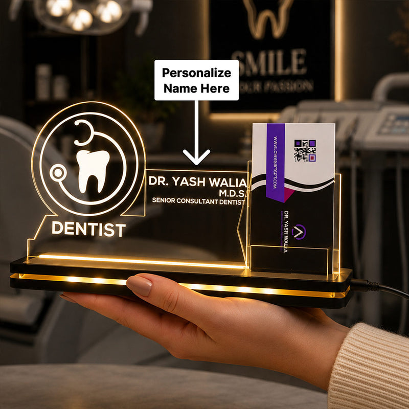 Personalized Dentist LED Visiting Card Holder with Custom Name | Professional Dental Desk Décor Gift for Dentists - 8x6" | Love Craft Gifts™