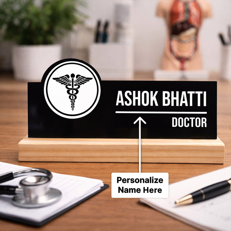 Personalized Doctor Acrylic Name Plate with Wooden Base – Custom Desk Name Stand for Doctors (7 x 3 Inch) | Love Craft Gifts