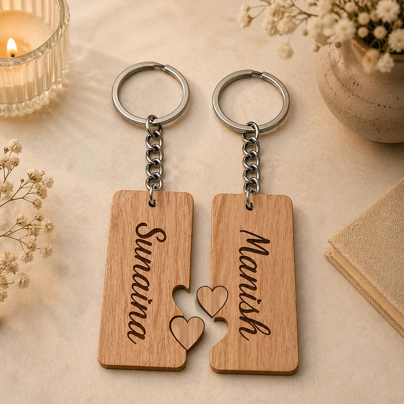Personalized Couple Wooden Keychain 2.5x2 Inch | Custom Name Matching Heart Keyring Gift for Couples | Love Craft Gifts™
