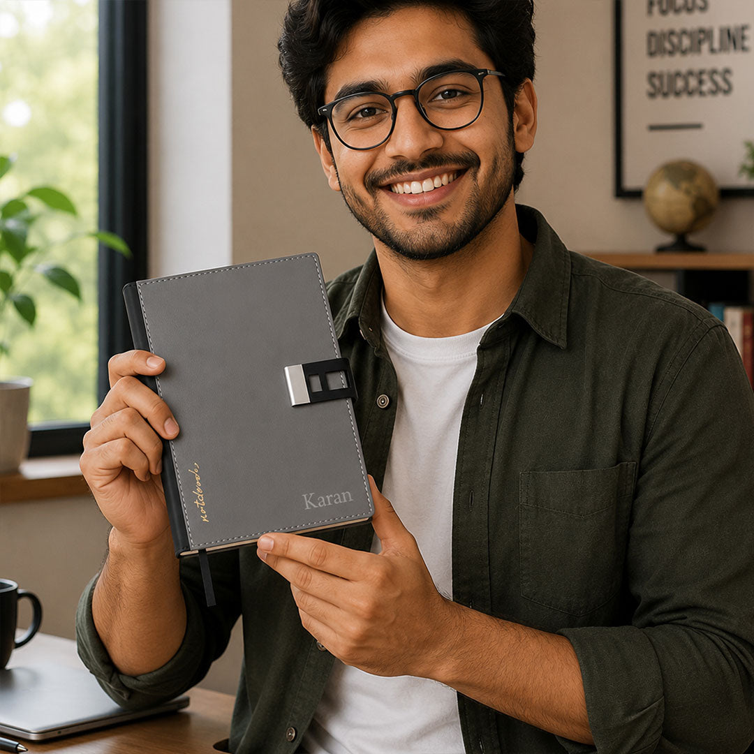 Personalized Grey Faux Leather Notebook with Custom Name Engraving | Premium A5 Executive Journal Gift for Professionals, Students & Office Use - A5 | Love Craft Gifts™