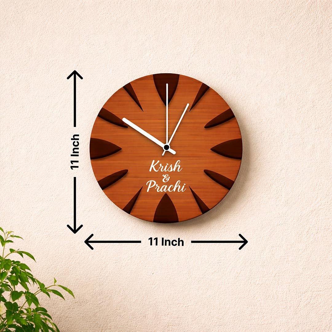 Personalized Couple Name Wooden Wall Clock – Custom Engraved 11 Inch Decorative Wall Clock | Love Craft Gifts