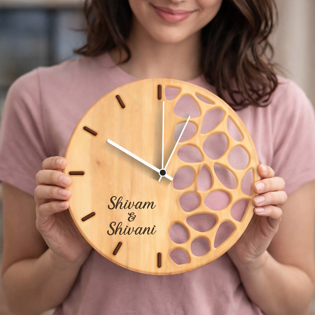 Personalized Couple Wooden Wall Clock – Custom Name Modern Designer Wall Clock (11 Inch) | Love Craft Gifts