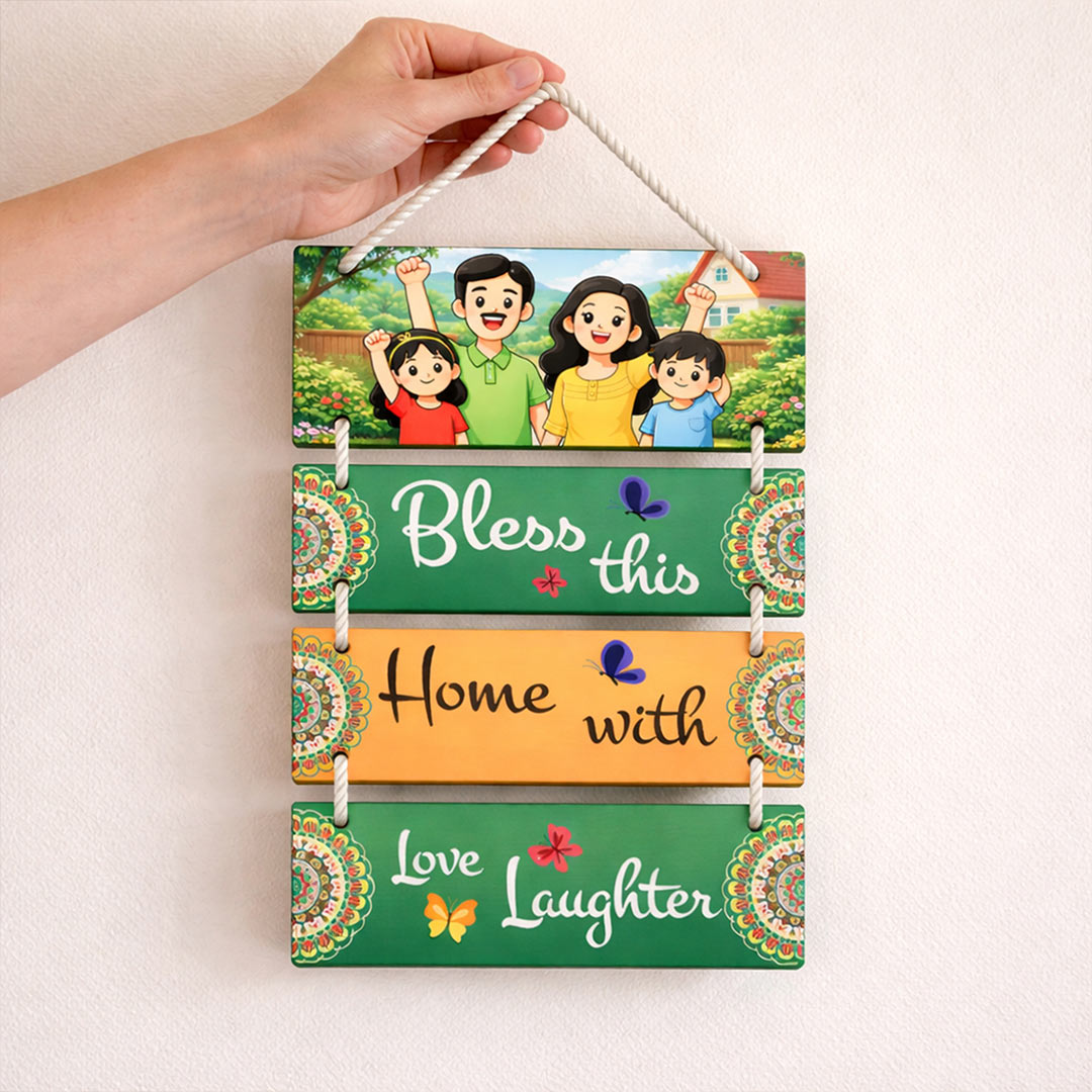 Personalized Family Bless This Home Hanging Wall Décor – Custom Wooden Multi-Layer Hanging Frame (13×9 Inch) | Love Craft Gifts
