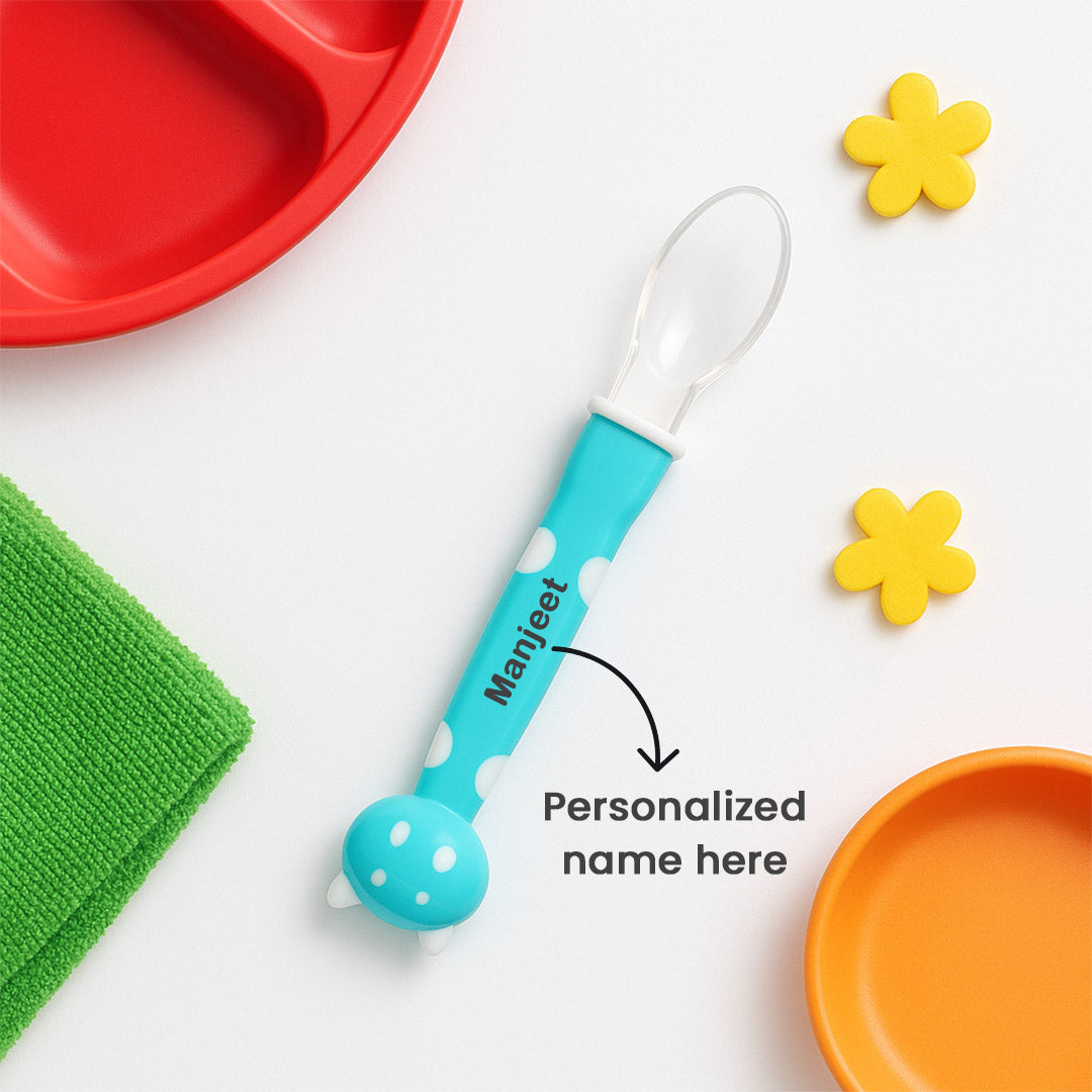 Personalized Baby Feeding Spoon – Blue Polka | Soft Silicone Tip | Custom Name | Love Craft Gifts