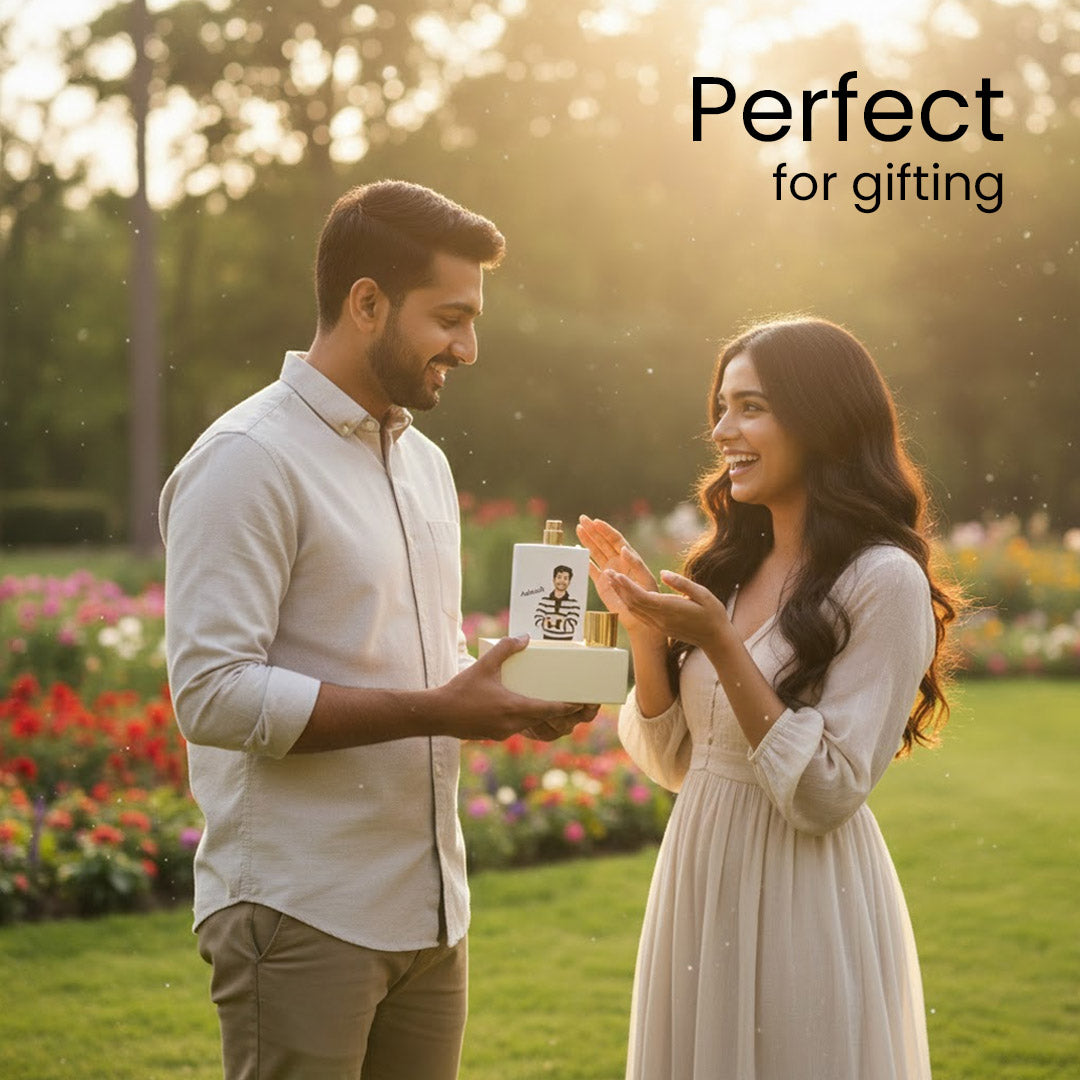 Customized Bellavita White Oud Perfume Bouquet | Personalized with Name & Cartoon Illustration