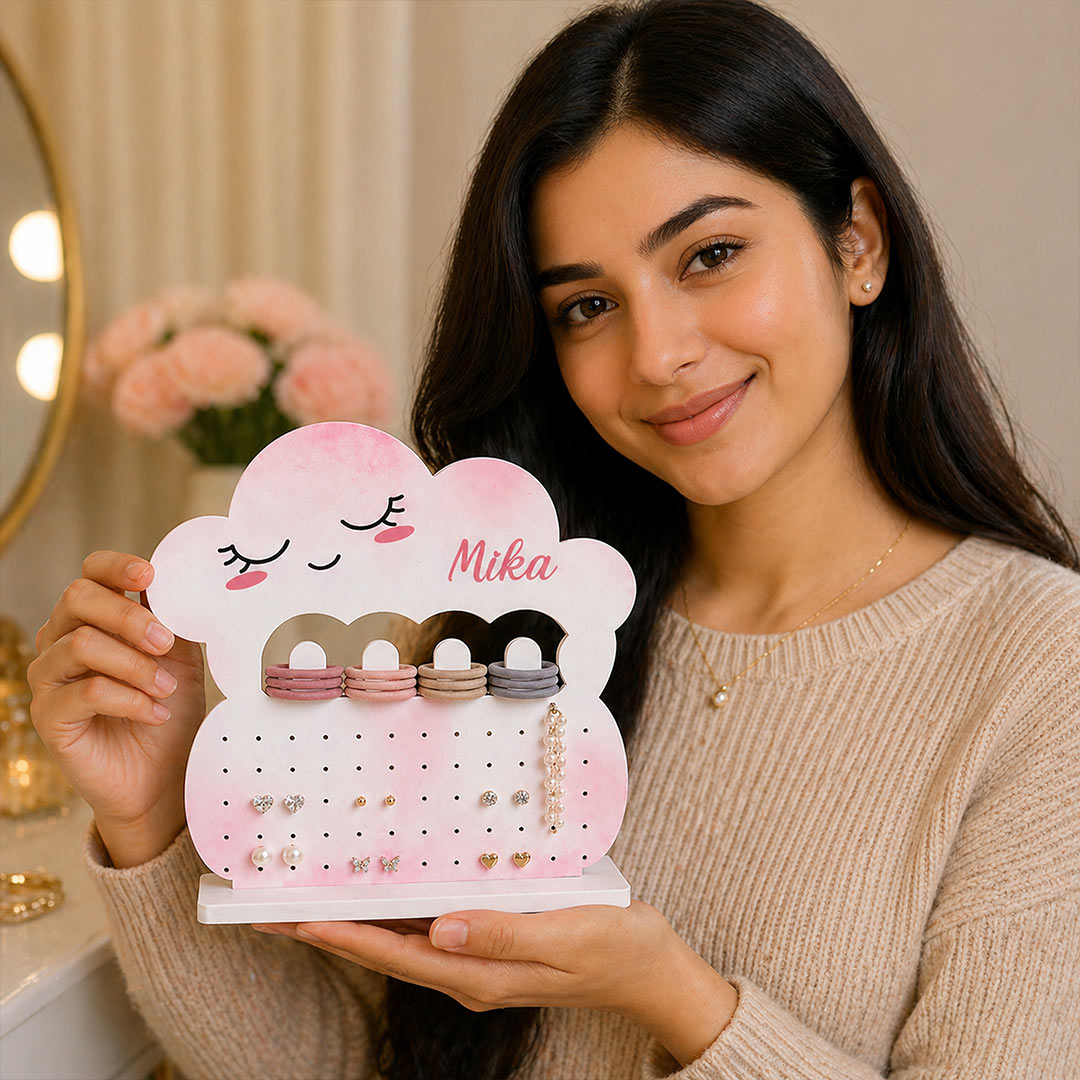 Personalized Cloud Jewellery Holder Stand 8x7 Inch | Custom Name Earrings & Accessories Organizer for Girls | Love Craft Gifts™