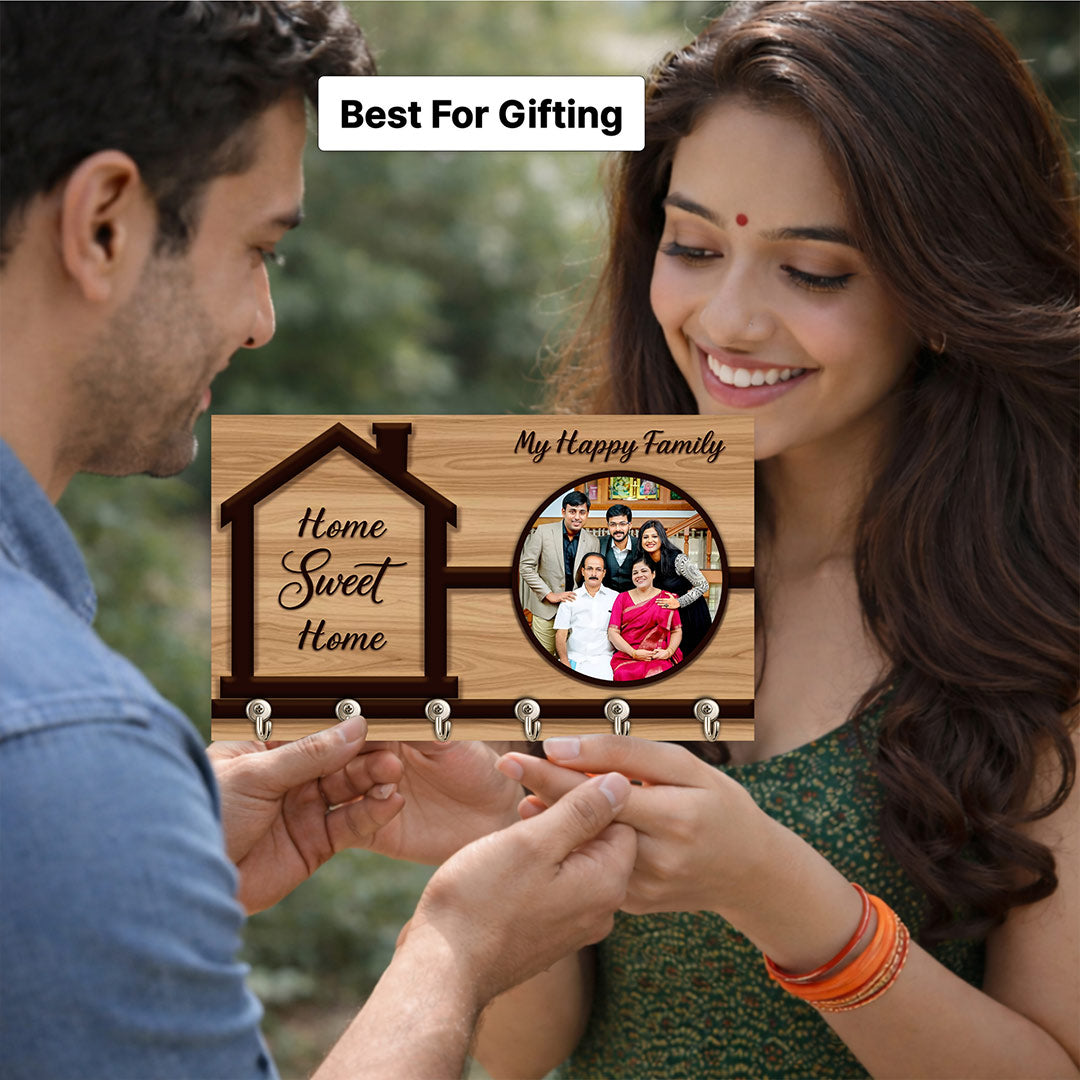 Personalized Family Wooden Key Holder with Photo Frame – Custom Home Sweet Home Key Hanger Gift (10x6 Inch) | Love Craft Gifts