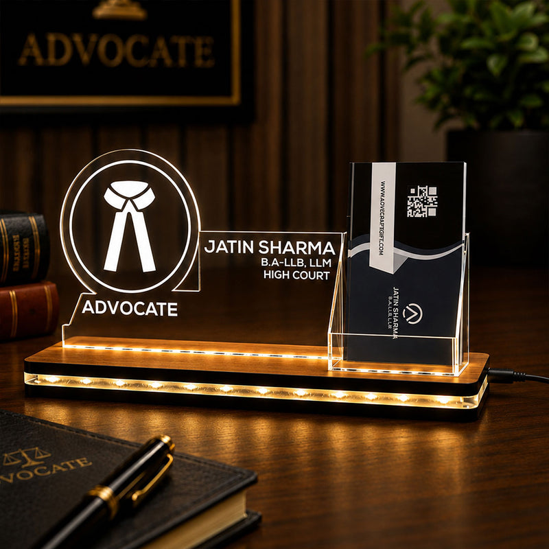 Personalized Advocate LED Visiting Card Holder with Custom Name | Professional Lawyer Desk Décor Gift for Advocates - 8x6" | Love Craft Gifts™