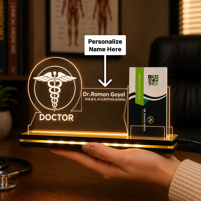 Personalized Doctor LED Visiting Card Holder with Custom Name | Professional Medical Desk Décor Gift for Doctors - 8x6" | Love Craft Gifts™