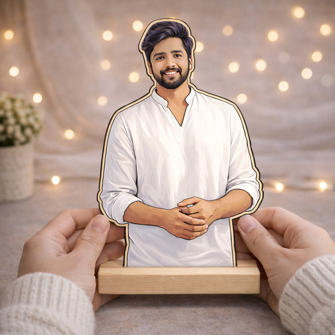 Personalized Cartoon Acrylic Photo Stand for Men with Wooden Base – Custom Picture Cutout Table Top Gift (7x4 Inch) | Love Craft Gifts