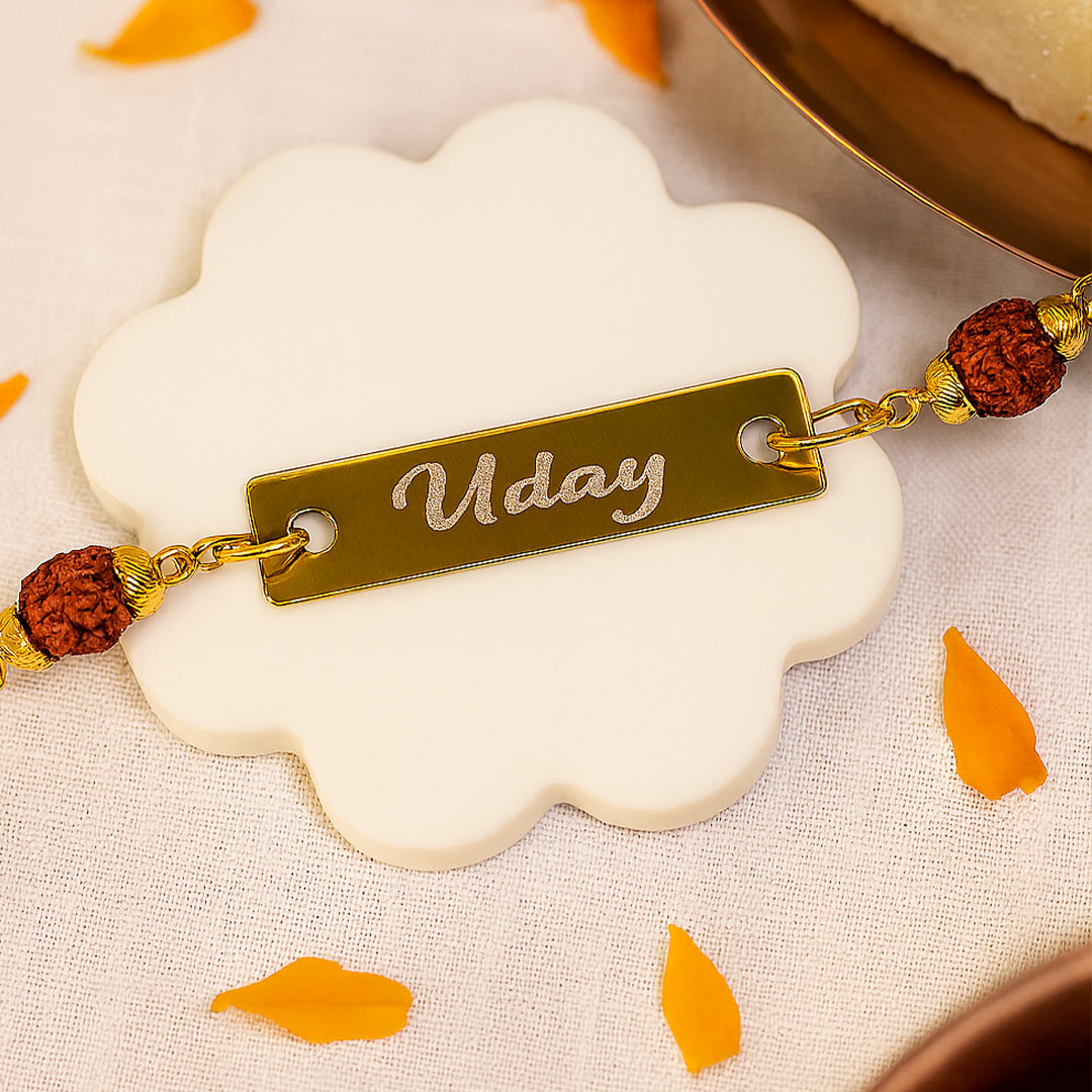 Personalized Rudraksha Rakhi with Engraved Nameplate | Love Craft Gifts