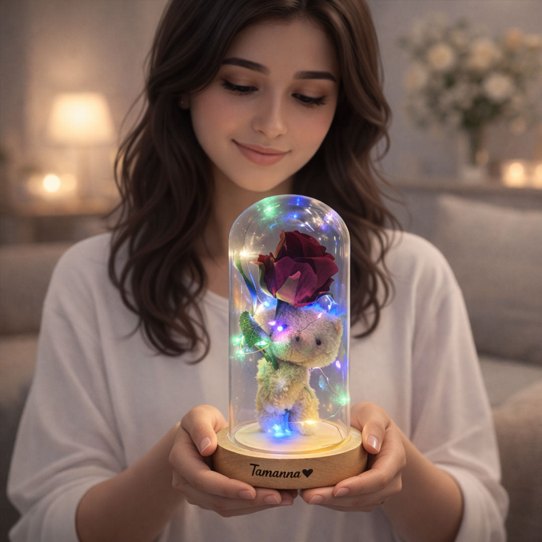 Eternal Rose Glow – Personalized Teddy Dome LED Gift | Love Craft Gifts
