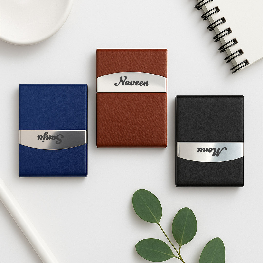 Personalized Leatherette Business Card Holder – Custom Name Metal Finish| Love Craft Gifts