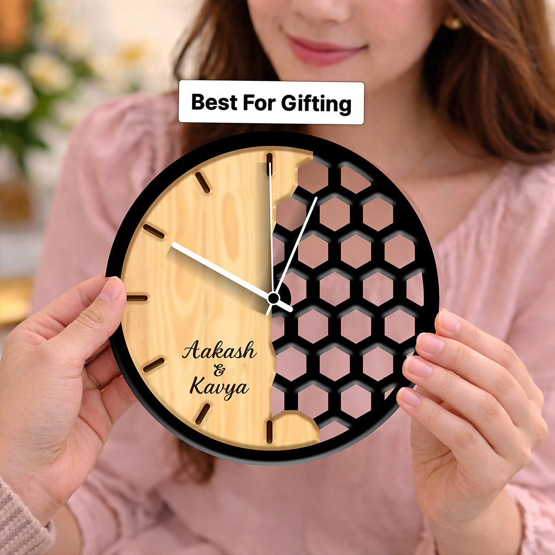 Personalized Couple Designer Wall Clock – Custom Name Modern Wooden Wall Clock (11 Inch) | Love Craft Gifts